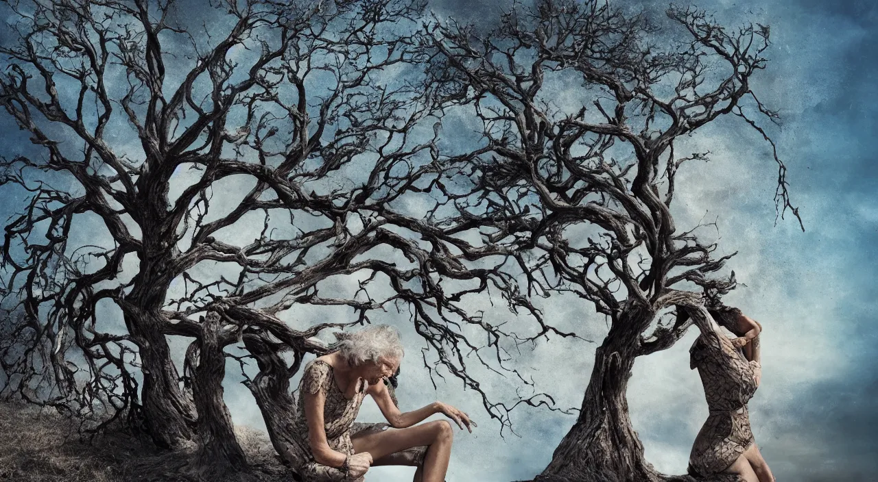 Image similar to 65-year-old woman merged with a tree, crying one single tear, facing the camera and sitting on a dried up river in a desolate land, blue sky, hot and sunny, highly-detailed, elegant, dramatic lighting, artstation, 4k, cinematic landscape, photograph by Elisabeth Gadd