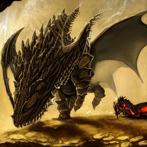 Image similar to photo of an armored knight confronting a large red scaly dragon sleeping on a mountain of human bones in a dark dusty cave with a ray of light shining on it\'s face. The knight is very small in comparison to the dragon. The cave shines with gemstones and gold. Very detailed 8k. fantasy