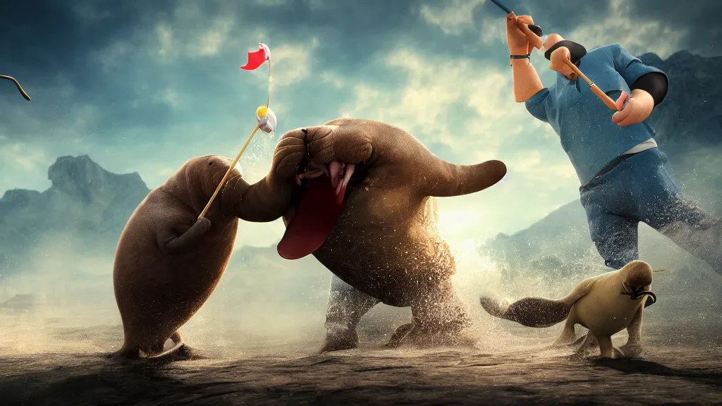 Image similar to a walrus attacking a blond golfer, fantasy artwork, hd, hdr, ue 5, ue 6, unreal engine 5, cinematic 4 k wallpaper, 8 k, ultra detailed, high resolution, artstation, award winning