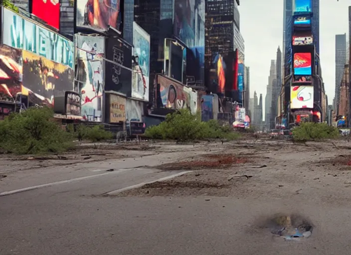 Image similar to film still of post apocalyptic empty time square, overgrown with wildlife walking through in the new sci - fi movie, 8 k