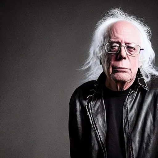 Image similar to Famous heavy metal glam rocker 20 year old Bernie Sanders, studio photograph for his new metal album