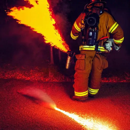 Prompt: photo of a firefighter using a flamethrower projecting a long flame. award-winning, highly-detailed