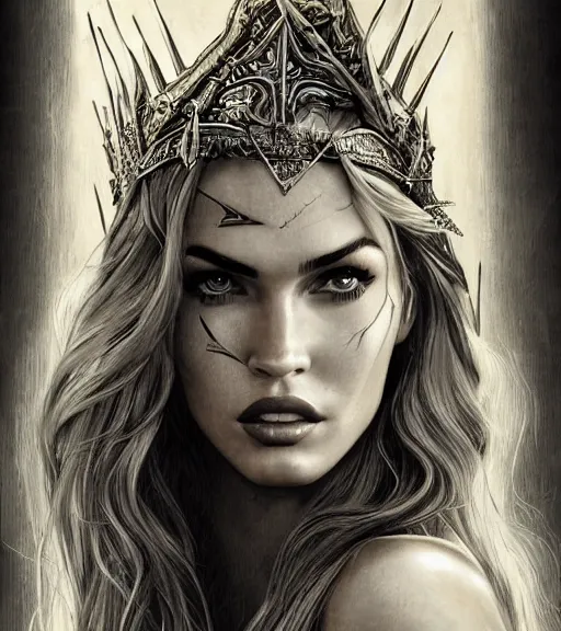 Image similar to portrait of megan fox as beautiful aphrodite goddess as an archer, arrow crown, beautiful piercing eyes, flowing blonde hair, realistic face, black and white drawing, in the style of greg rutkowski, fantasy, amazing detail, epic, intricate, elegant, smooth, sharp focus