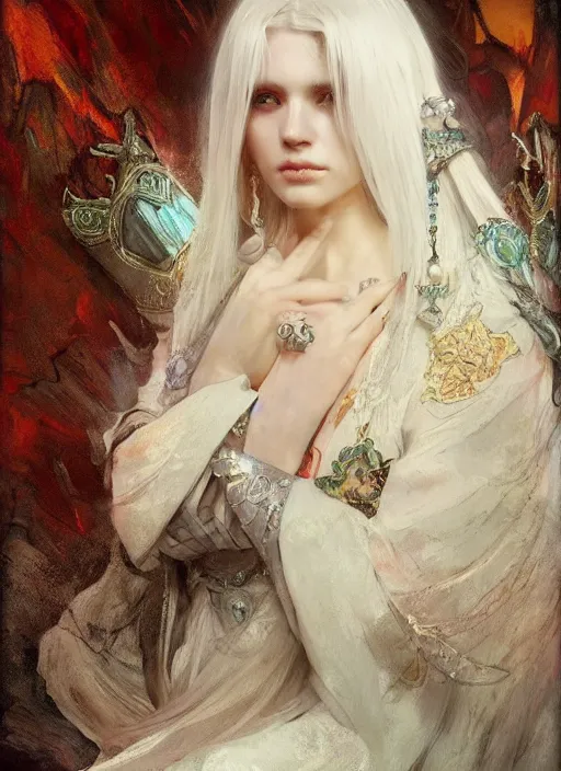 Image similar to a beatiful white haired princess, adorned with precious stone jewelry, intricate concept art, ethereal, ominous, dramatic lighting, Ruan Jia and Jeremy Mann and Alphonse Mucha