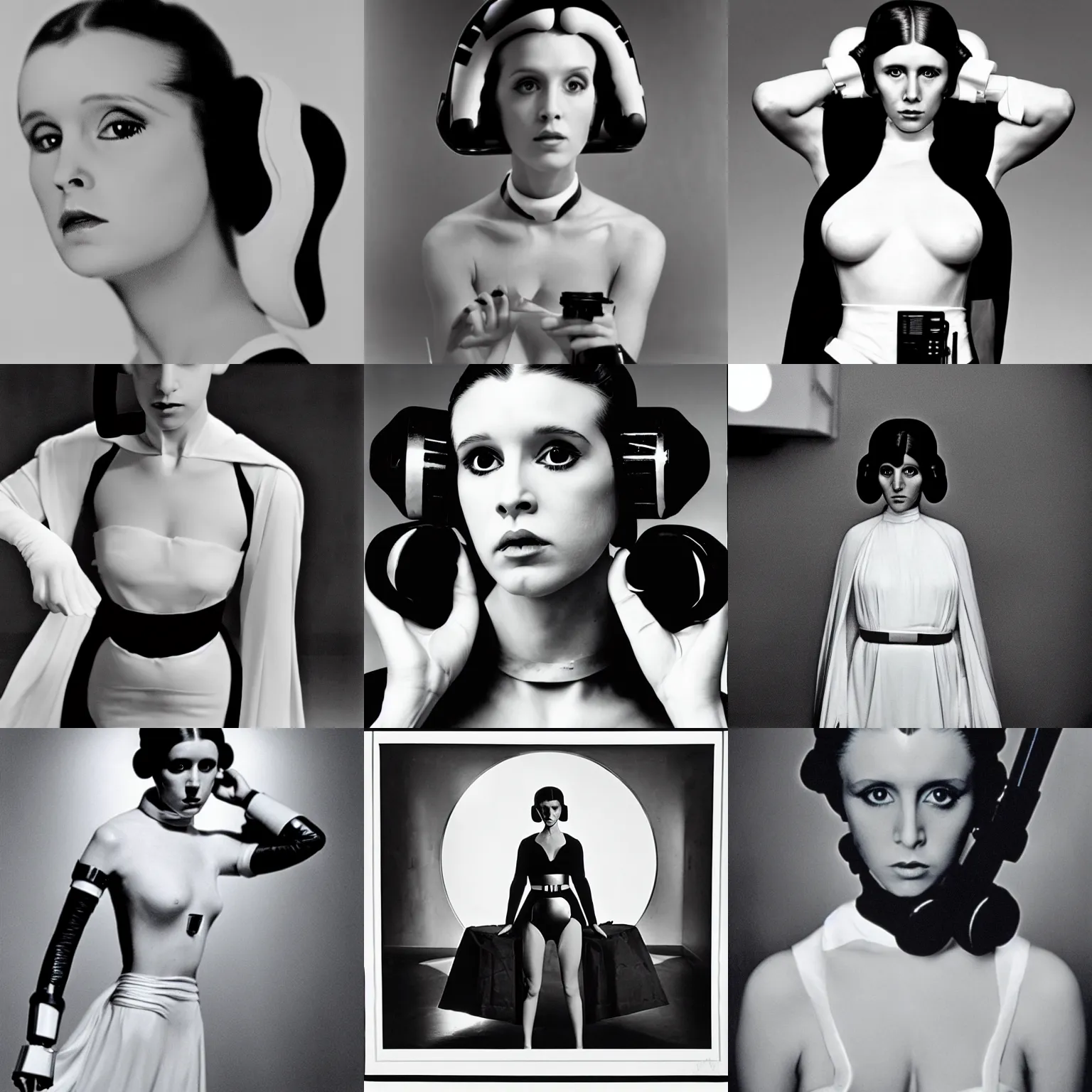 Prompt: a model photograph of princess leia by hartmut newton