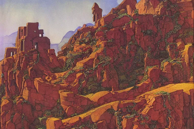 Prompt: ancient temple on a mountainside at dawn | by Edmund Dulac and Maxfield Parrish and Nicholas Roerich and Donato Giancola | ornate carvings| climbing vines| rich color | dramatic cinematic lighting | extremely clear and detailed