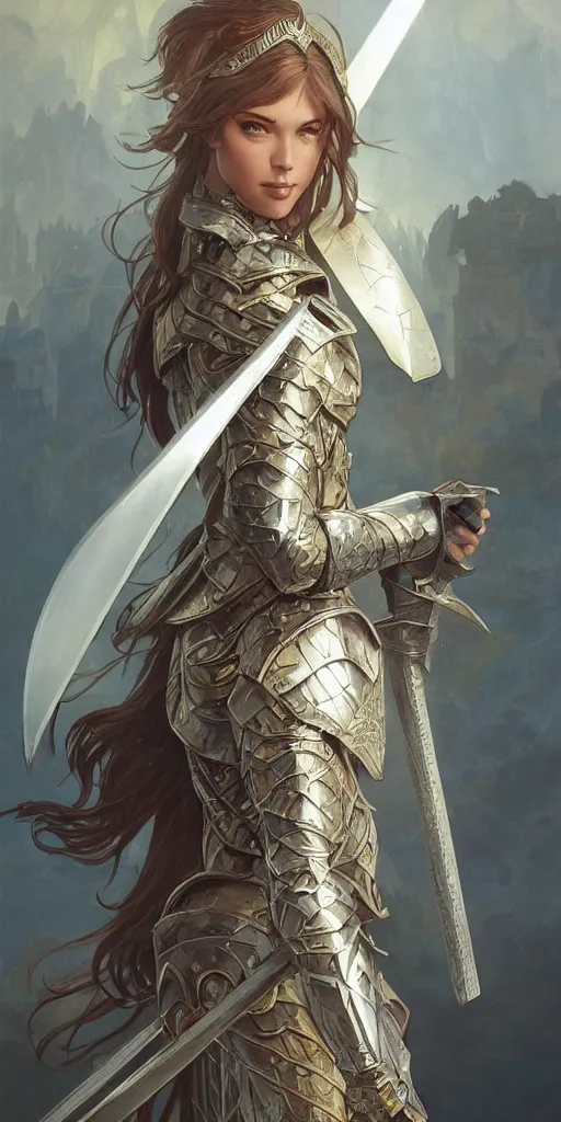 Image similar to frontal full body portrait of a single beautiful knight wielding a claymore, D&D, fantasy, intricate, elegant, highly detailed, digital painting, artstation, character concept art, character design, smooth, sharp focus, illustration, art by artgerm and greg rutkowski and alphonse mucha