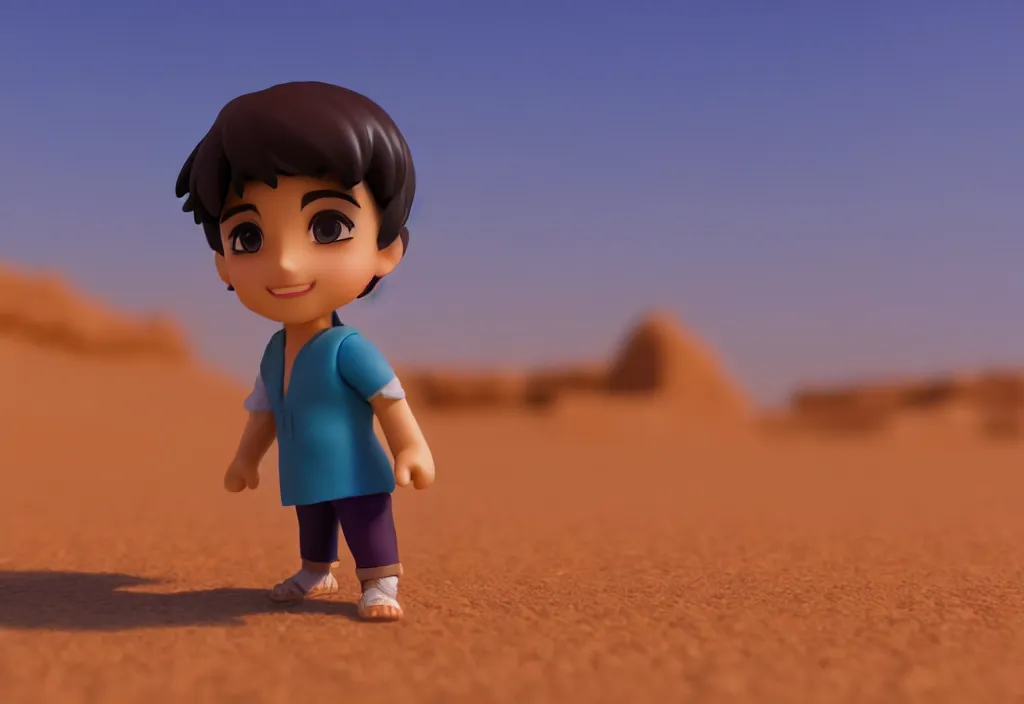 Image similar to profile view of arabic young aladdin as nendoroid walking in a desert, 8 k, hd, dof, kodak film, volumetric lighting, subsurface scattering, photorealistic, octane render