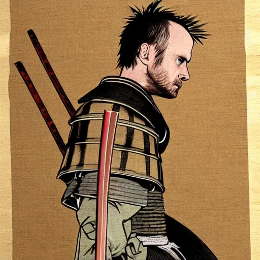 Image similar to jesse pinkman from breaking bad wearing samurai armor and holding a katana in feudal japan, 4 k, hyper realistic, ink block painting, edo period