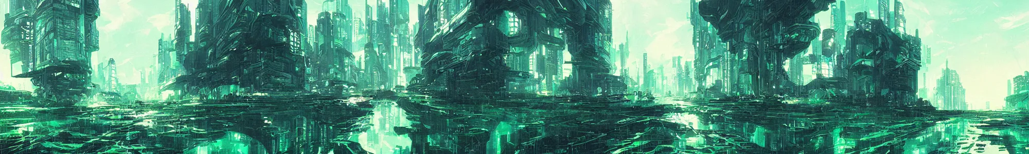 Image similar to reflective waves, cyberpunk texture, green coloring, by studio ghibli and greg rutkowski