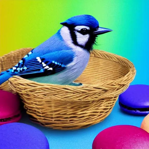 Image similar to A photograph of a (photorealistic blue jay) standing on a large basket of rainbow macarons.