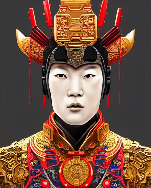 Image similar to portrait of a chinese masculine male cyberpunk machine, machine face, upper half portrait, decorated with chinese opera motifs, muscular, asian, fine china, wuxia, traditional chinese art intricate intense elegant 京 剧 highly detailed symmetry headpiece digital painting artstation concept art smooth sharp focus illustration, art by artgerm and greg rutkowski alphonse mucha 8 k