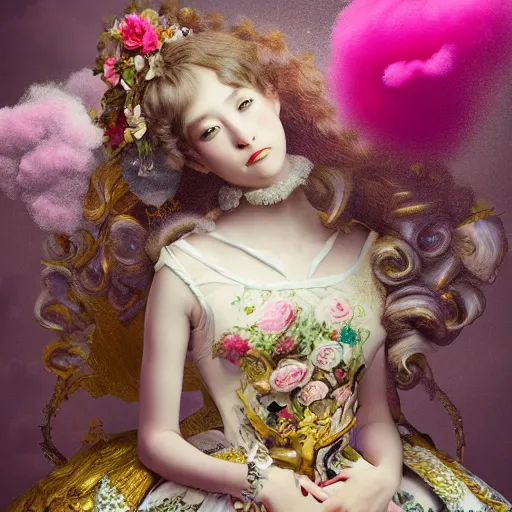 Prompt: 8 k, octane render, realism, tonalism, renaissance, rococo, baroque, portrait of a young - lady wearing long - harajuku manga - dress with flowers! and skulls, background chaotic gold leaf flowers, cotton candy!!!!!