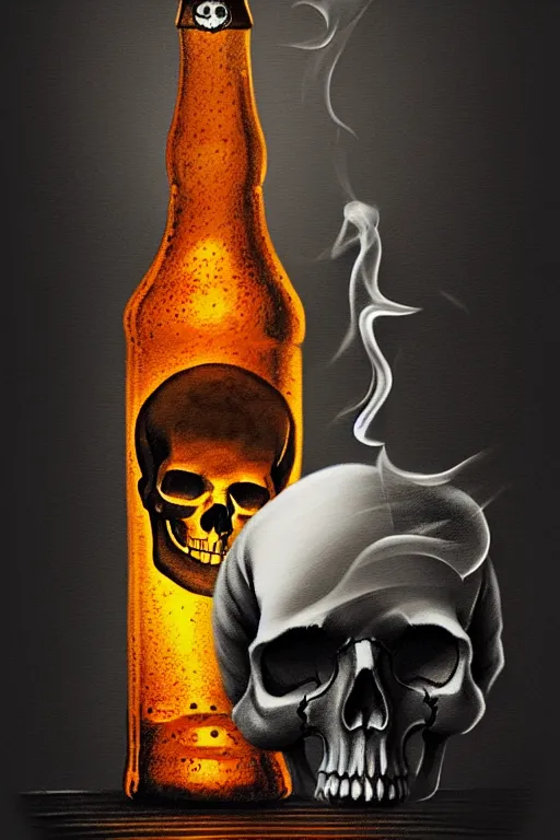 Image similar to beer bottle and a skull on the table, skull made out of smoke coming out of bottle, fantasy, intricate, elegant, highly detailed, digital painting, artstation, concept art, smooth, sharp focus, illustration, art by Ilja Repin