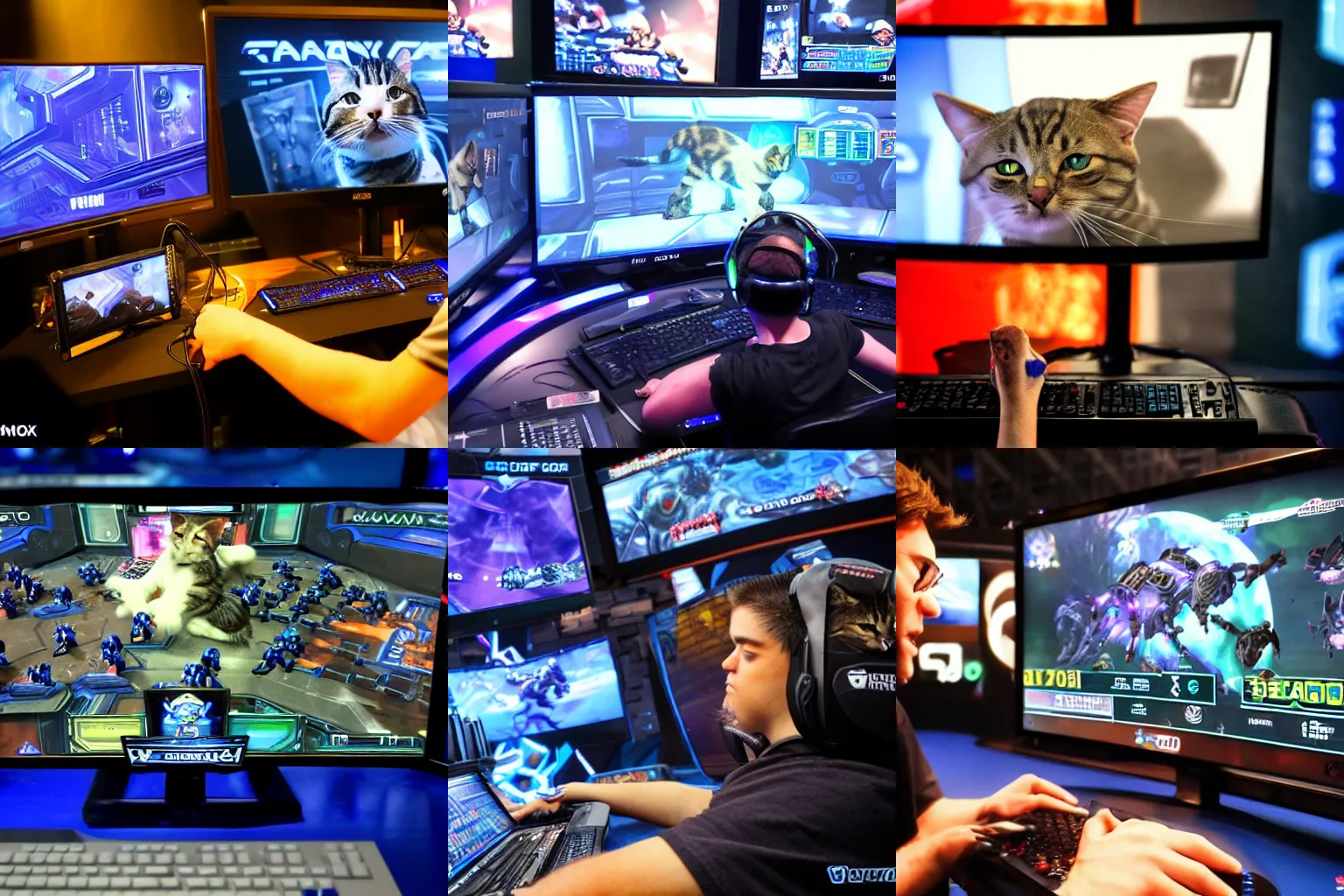 Prompt: A humanoid cat playing Starcraft during a professional esports tournament. Photo-realistic highly-detailed 8K