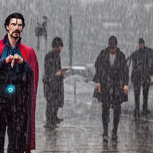 Image similar to doctor strange waiting for the bus during a rainy day, award winning candid photography