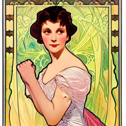 Image similar to a stylized closeup portrait of a young vivian leigh, arabesque forms, art nouveau, jugendstil, decorative background, painted by alphonse mucha