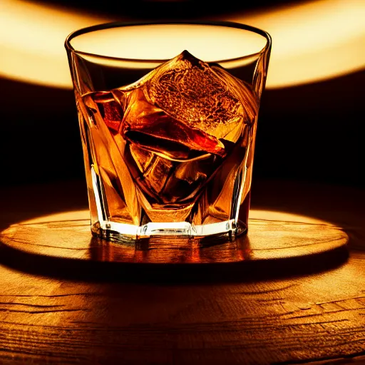 Image similar to A highly detailed digital art painting of a whiskey on a round table, volumetric lighting, 4k resolution, warm,