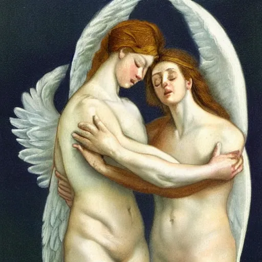 Prompt: 2 muscular angels hugging, victorian painting