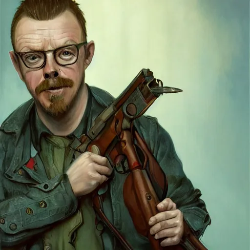 Prompt: portrait painting of joyful simon pegg with a winchester, ultra realistic, concept art, intricate details, eerie, highly detailed, photorealistic, octane render, 8 k, unreal engine. art by artgerm and greg rutkowski and alphonse mucha