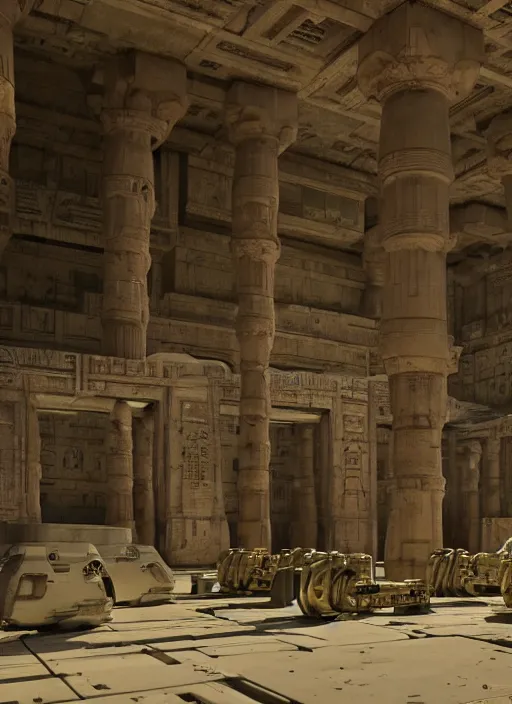 Image similar to sci fi robot repairshop inside of an egyptian temple, james gurney, katsuhiro otomo, james paick, cinematic lighting, artstation, craig mullins, greg rutkowski, pete morbacher, tuomas korpi, volumetric light, artstation, octane render, redshift render, low angle camera, intricate, 8 k -