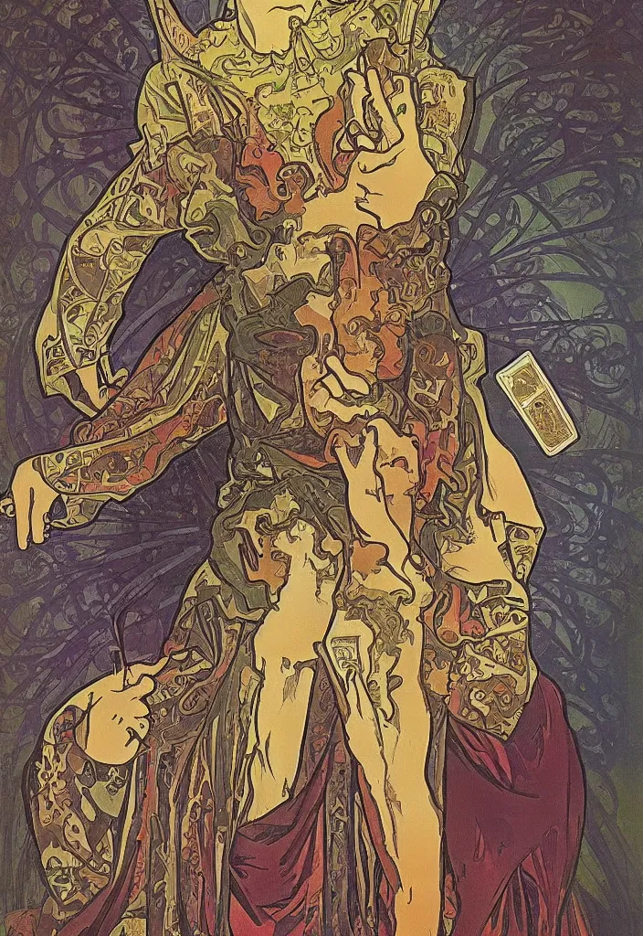 Image similar to Jurgen Schmidhuber as the Devil on a tarot card, tarot major arcana in art style by Alphonse Mucha