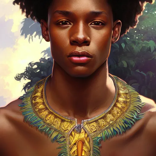 Image similar to illustration of a jamaican boy, d & d, fantasy, intricate, elegant, highly detailed, digital painting, artstation, concept art, smooth, sharp focus, illustration, art by artgerm and greg rutkowski and alphonse mucha