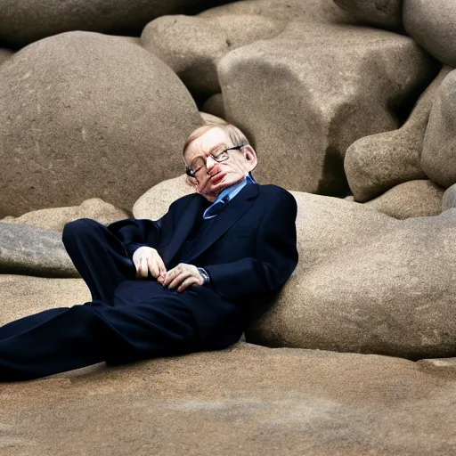Image similar to stephen hawking laying on rocks, photography, 8 k,