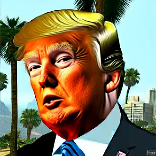 Prompt: Donald trump in GTA V . Los Santos in background, palm trees. in the art style of Stephen Bliss