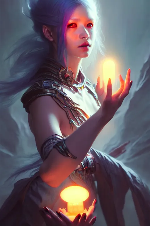 Image similar to beautiful necromancer girl, sorceress, three - dimensional rendering, hyperrealistic detailed portrait holding light and electricity, ruan jia, clap. scifi, fantasy, magic the gathering, over - detailed, octane rendering, concept art by artgerm, peter murbacher, detailed and complex environment