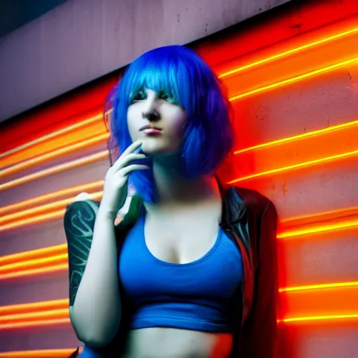 Prompt: cyberpunk young woman with blue hair and cybernetic leg implants smoking and leaning against a wall lit in neon