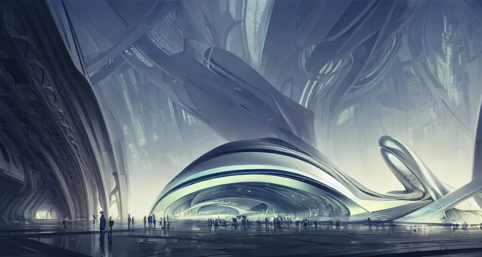 Image similar to cinematic shot, futuristic building, crowded, utopian, zaha hadid, bright, white, lights, digital painting, artstation, concept art, smooth, sharp focus, illustration, intricate, elegant, highly detailed, in the style of greg rutkowski and alphonse mucha and artemisia, 8 k, highly detailed, jurgens, rutkowski