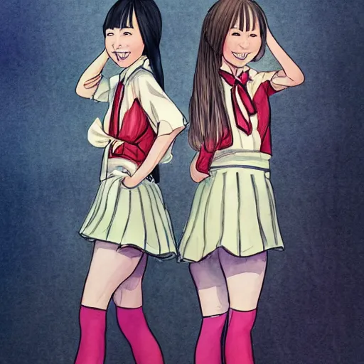 Prompt: a perfect, realistic professional digital sketch of two funny Japanese schoolgirls posing, in style of Marvel, full length, by pen and watercolor, by a professional American senior artist on ArtStation, a high-quality hollywood-style sketch, on high-quality paper