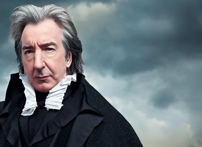 Prompt: movie still of alan rickman as victorian era spiderman wearing a cape from the new pride & prejudice movie, realistic, 8 k