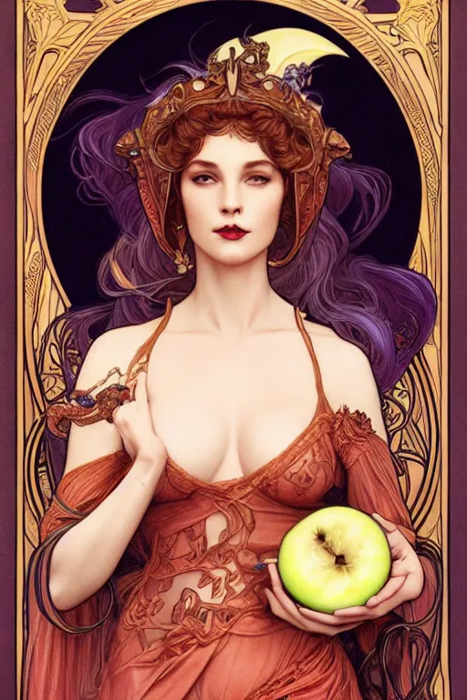 Prompt: Art Nouveau Lilith, Empress of the moon, Sensual occult esoteric woman holding an apple, full body portrait, headshot, D&D, fantasy, highly detailed, digital painting, artstation, concept art, sharp focus, illustration, art by artgerm and greg rutkowski and alphonse mucha