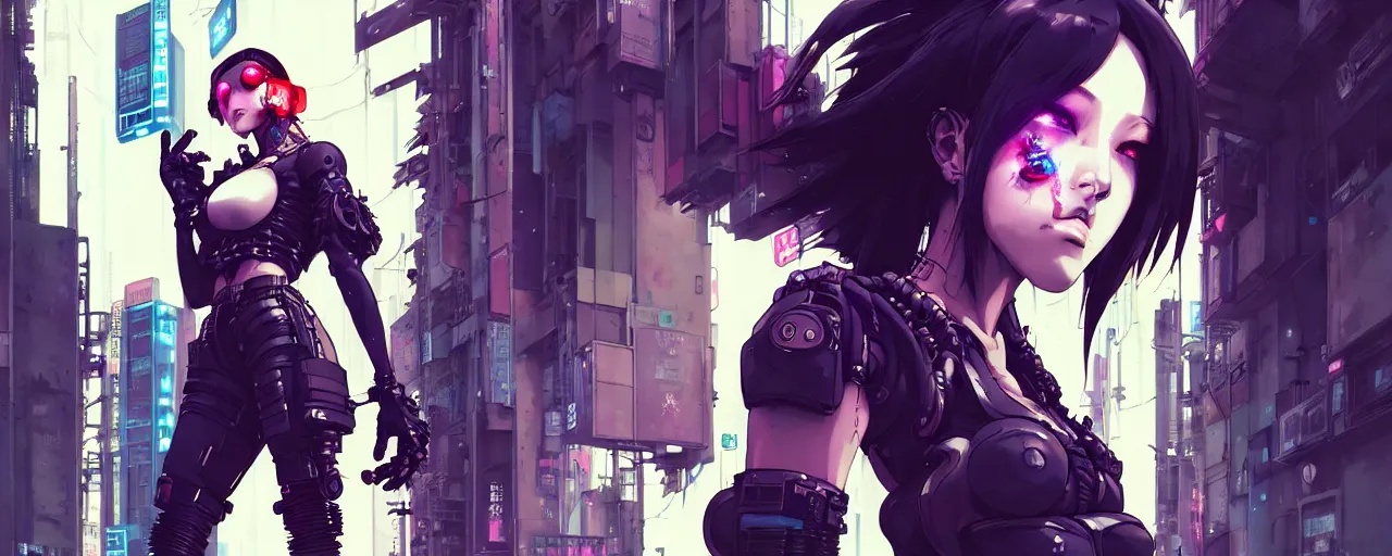 Image similar to hyper - realistic cyberpunk portrait of beautiful! anime woman standing on tokyo street, extreme detail, alluring, in style of yoji shinkawa, pan ren wei, col price, atey ghailan, by greg rutkowski, by greg tocchini, by james gilleard, by joe fenton, by kaethe butcher, grunge aesthetic