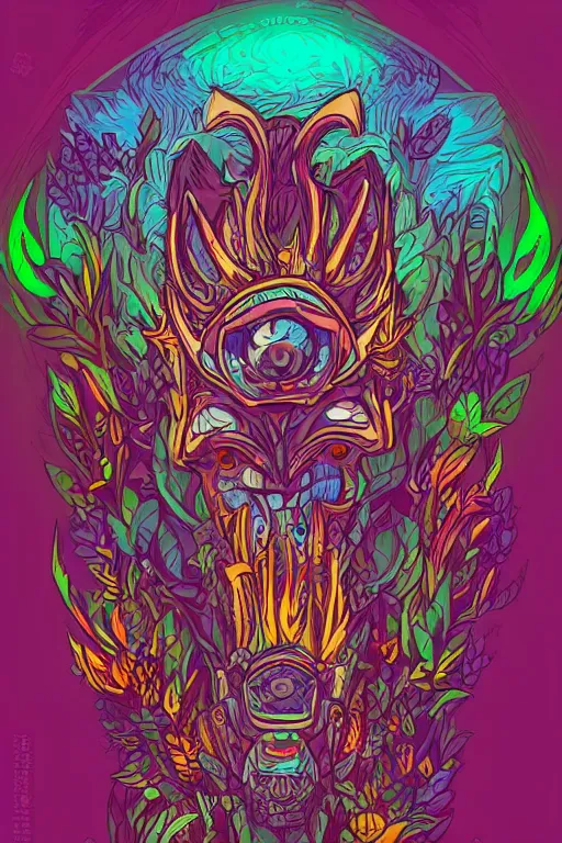 Image similar to animal mask totem roots flower tribal feather gemstone plant wood rock shaman vodoo video game vector cutout illustration vivid multicolor borderlands comics by josan gonzales and dan mumford radiating a glowing aura