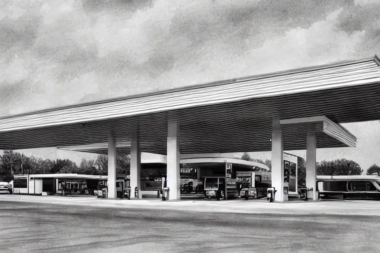 Prompt: a pencil and watercolor art of a beautiful luxurious gas station, retro and 1 9 8 0 s style, beautiful architecture, retro coloring, retro and 1 9 8 0 s style, retro and 1 9 8 0 s filter, black and white, no color