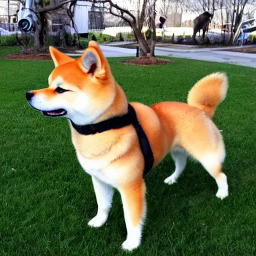 Image similar to Shiba Inu dogcopter, cute, flying, happy dog