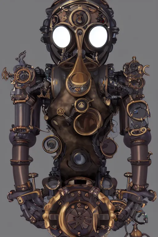 Image similar to steampunk mask minimalist fantasy art robot ninja helmet, global illumination ray tracing hdr fanart arstation by sung choi and eric pfeiffer and gabriel garza and casper konefal radiating a glowing aura