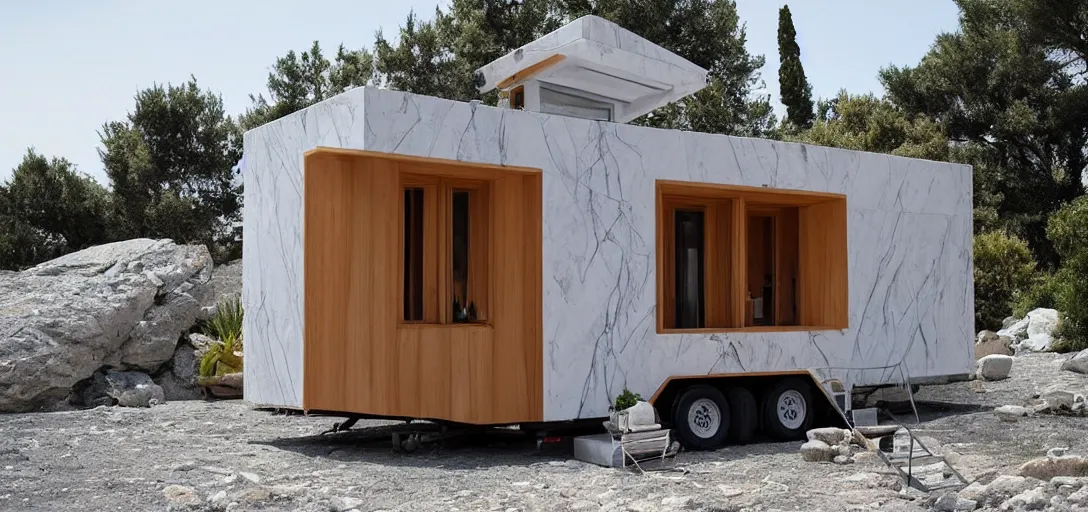 Image similar to greek tiny house on trailer made of marble designed by iktinos and callicrates.