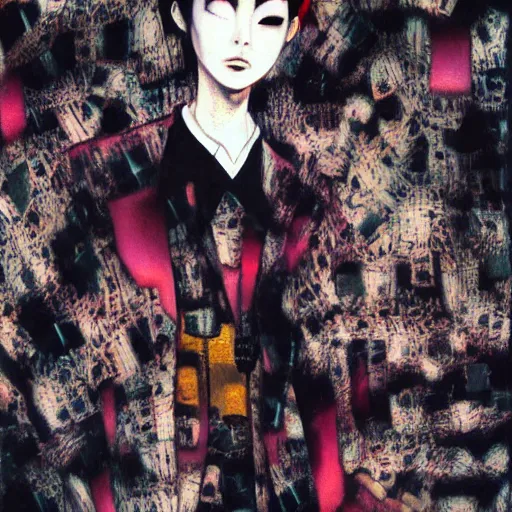 Prompt: yoshitaka amano blurred and dreamy realistic three quarter angle portrait of a k - pop idol with black lipstick and black eyes wearing dress suit with tie, junji ito abstract patterns in the background, satoshi kon anime, noisy film grain effect, highly detailed, renaissance oil painting, weird portrait angle, blurred lost edges