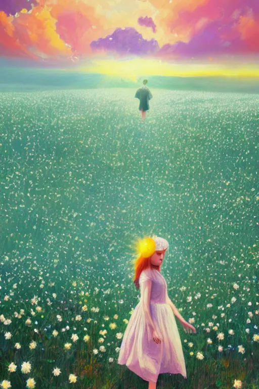 Image similar to white daisy flowers as head veil, girl walking in a flower field, surreal photography, sunrise, dramatic light, impressionist painting, colorful clouds, digital painting, artstation, simon stalenhag