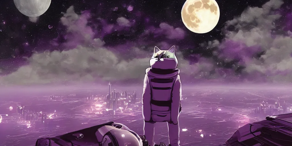 Image similar to A cat in sifi spacesuit looking down on Gotham city, purple night, giant moon in sky, hyperdetailed, dynamic scene, comics