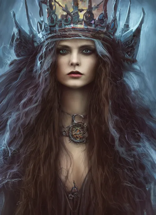 Image similar to mysterious dark and beautiful witch with long hair and a crown, fantasy, medieval, vivid colors, fantasy, elegant, concept art, sharp focus, beautiful face!!, digital art, Hyper-realistic, 4K, Unreal Engine, Highly Detailed, HD, Dramatic Lighting by Brom, trending on Artstation