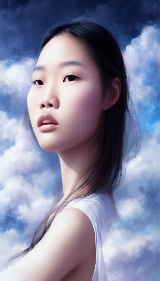 Prompt: photo of a gorgeous young asian girl , searching for eternity, made of clouds, duality in the style of stefan kostic, hyper realistic, sharp focus, 8k high definition, high fashion, vogue, insanely detailed, intricate, elegant, art by stanley lau and artgerm