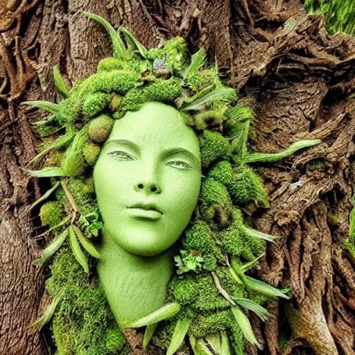 Image similar to mother nature made from a tree, emerging goddess, highly detailed, mossy, flower hair