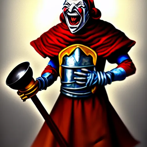 Image similar to of a realistic illustration dumb jester fool crusader knight that is the anti - communism crusader character, full plate, totally mad and yelling, shouting using a megaphone, artstation digital art,,