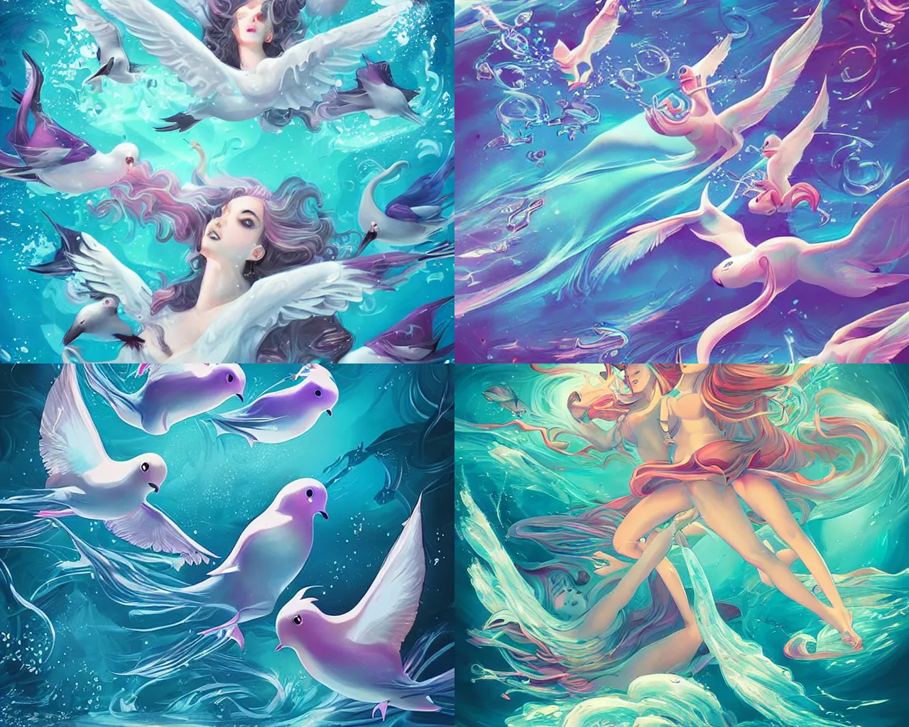 Prompt: underwater doves swirling pop fantasy art, by ross tran and sam nassour