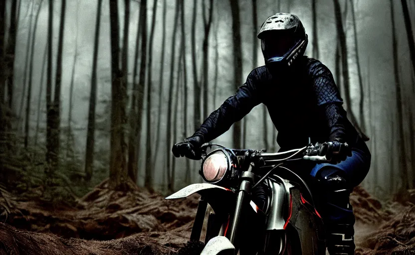 Image similar to cinestill 5 0 d candid photographic portrait by steve mccurry of joe biden wearing rugged black mesh techwear riding on a dirtbike through a deep forest, extreme closeup, modern cyberpunk moody emotional cinematic, snow storm, 8 k, hd, high resolution, 3 5 mm, f / 3 2, ultra realistic faces, ex machina